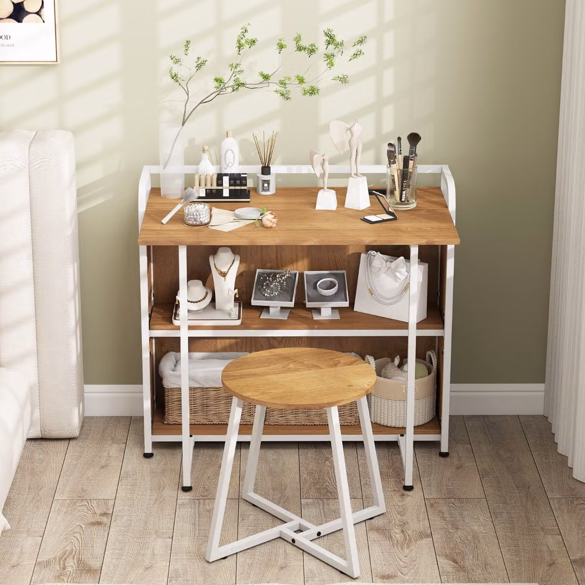 Set scrivania portatile pieghevole con scaffale, stazione di ricarica e sgabello Costway in legno e metallo, colore Naturale