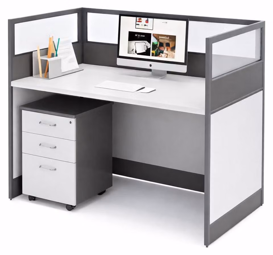 Moderna scrivania da ufficio con paravento e ripiano in vetro nei toni del grigio e del bianco