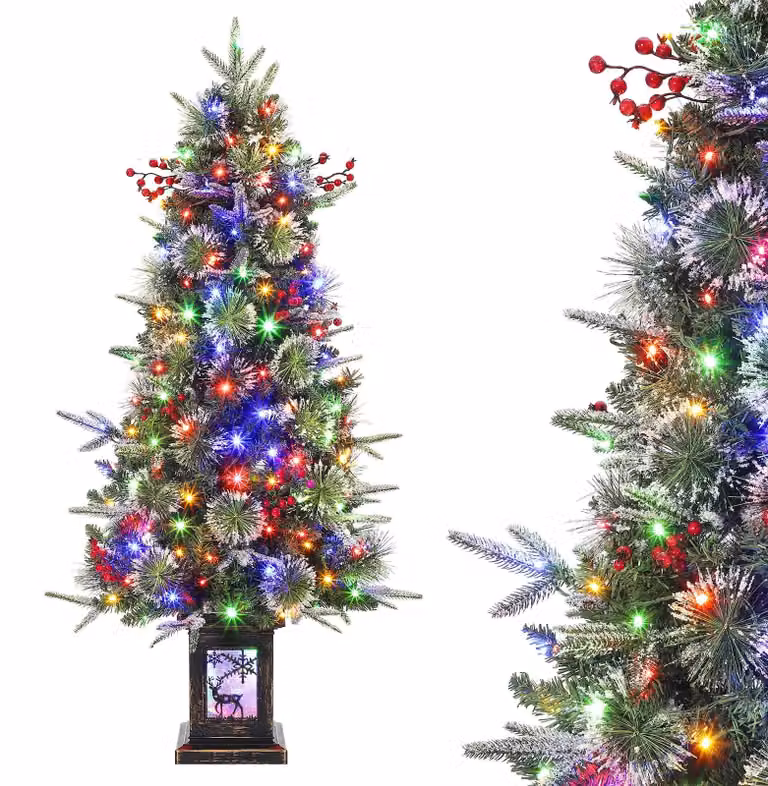 Albero di Natale artificiale, innevato, 120 cm (3.0 piedi), con fusto denso simile a un abete/pino, dotato di luci LED (bicolore/bianco caldo), con punte delle foglie innevate. Montaggio a cerniera, con supporto in metallo