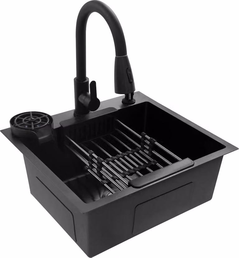 Lavello da cucina - Sottobanco a vasca singola - 50×45 cm in acciaio inossidabile - Rettangolare - Con rubinetteria - 1 foro - Nero