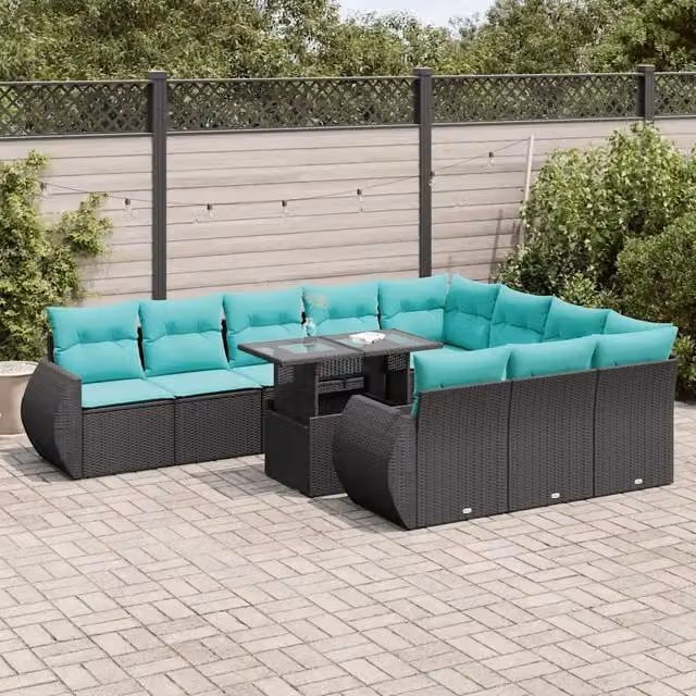 Set di divani da giardino vidaXL in polyrattan nero con cuscini e tavolino da caffè in vetro, composizione a forma di U da 11 pezzi