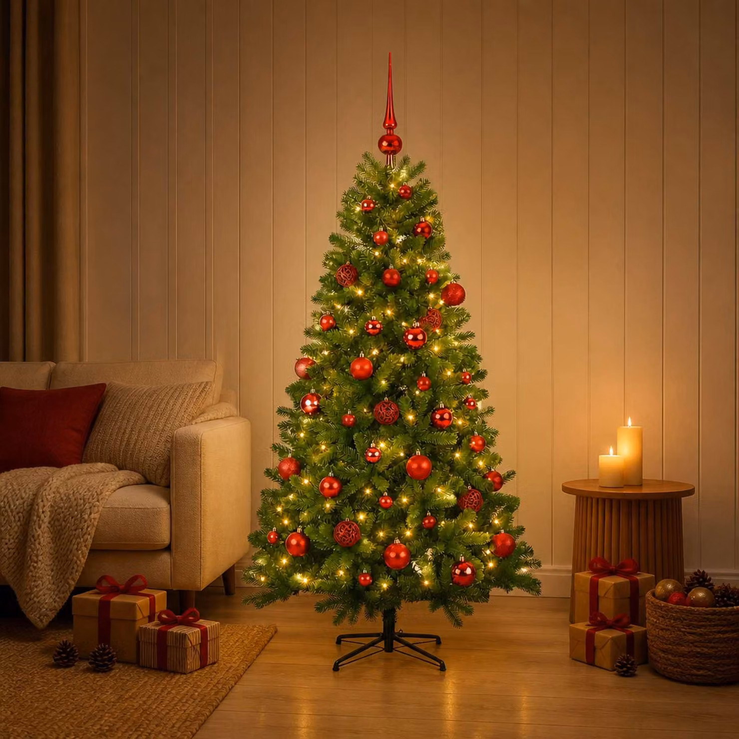 Albero di Natale artificiale con decorazioni natalizie, altezza 150 cm, 150 luci LED