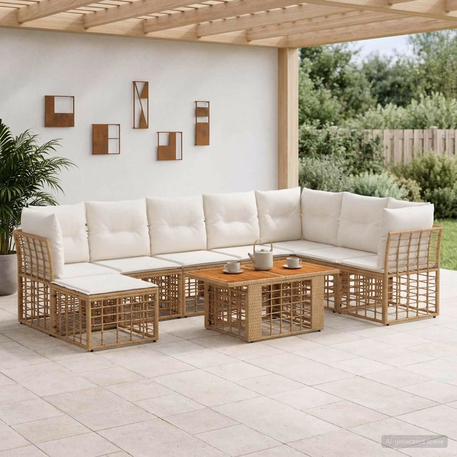 Set Divano da Giardino vidaXL 9 Pezzi in Polyrattan con Cuscini, Design Moderno a L, Colore Naturale e Bianco Crema