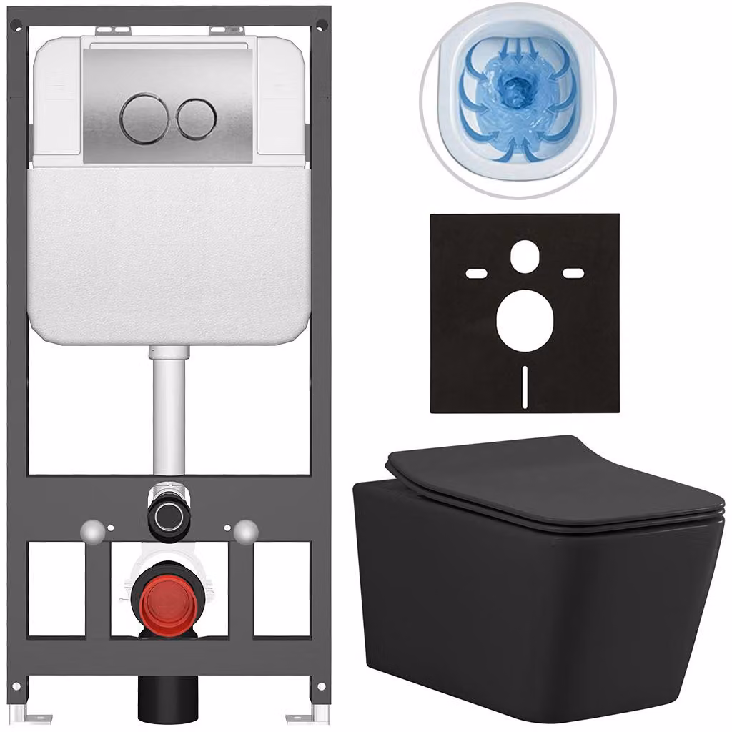CERANO - Set WC da incasso Forte - nero opaco - pulsante Prime/Duoalo, argento - sospeso - installazione pre-parete/cartongesso - 51x36 cm
