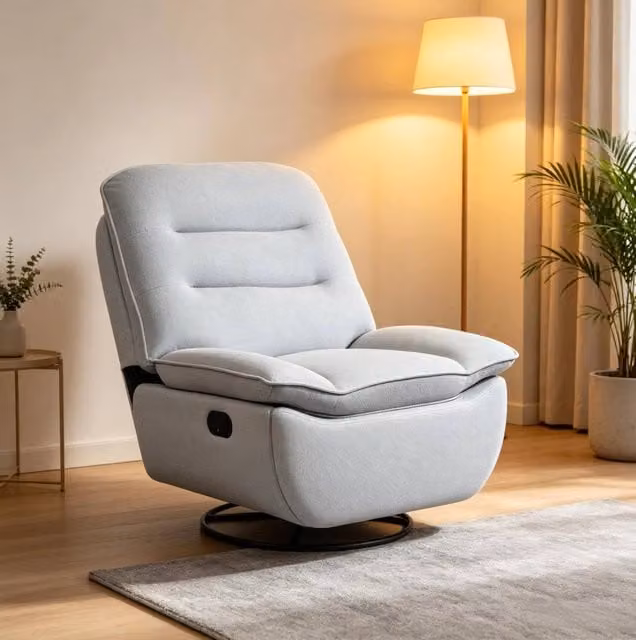 Poltrona in lino con struttura in acciaio, schienale reclinabile e rotazione a 360° – 95x49,5x106 cm