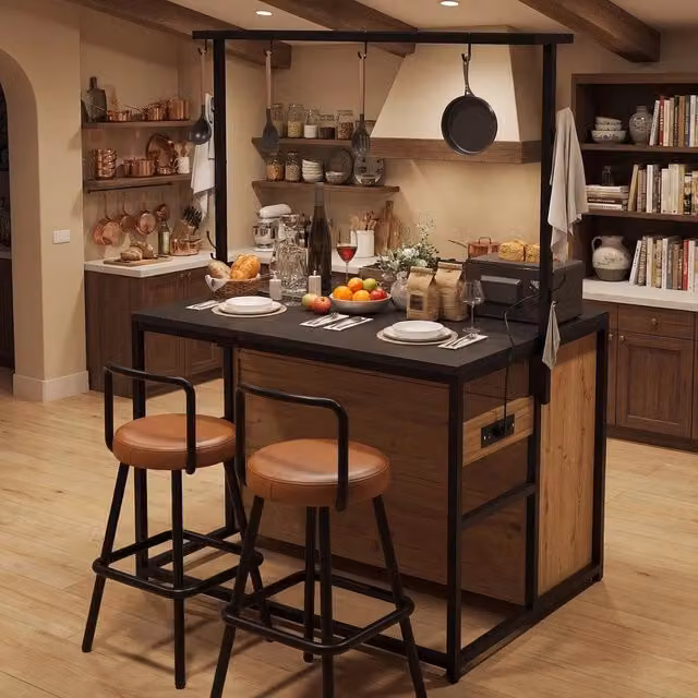 Set isola cucina con 2 sgabelli ¨C Minimal ¨C Effetto legno nero, per cucina e sala da pranzo