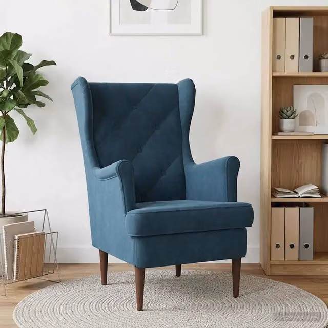 Poltrona Lounge in Velluto Blu con Braccioli e Design Moderno