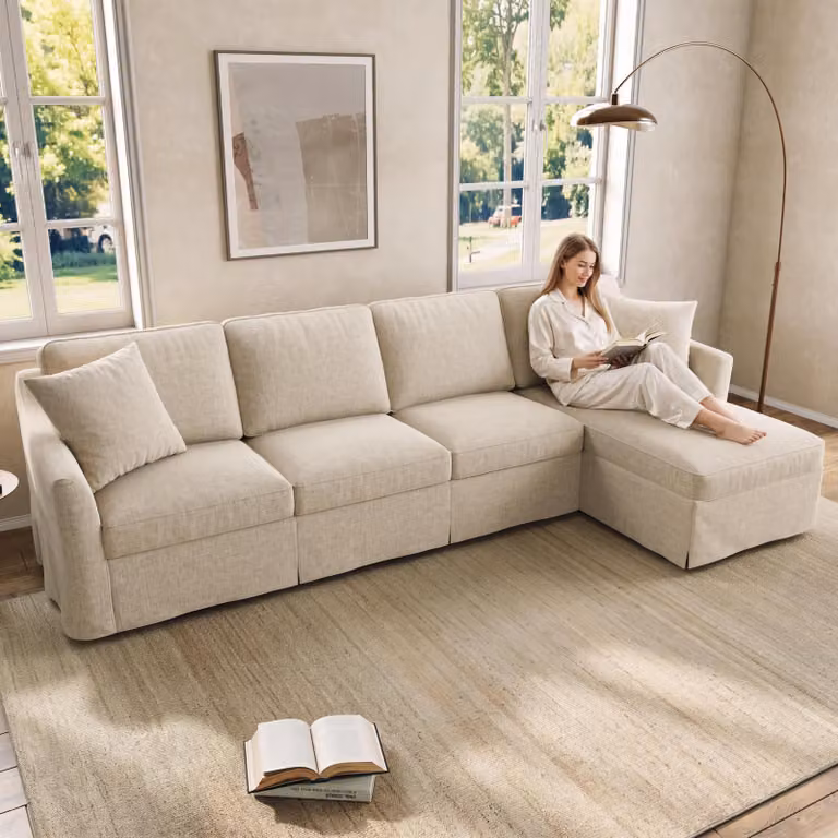 Divano angolare a forma di L con spazio contenitivo, 274x128,5x83 cm, divano beige a 4 posti rivestito in tessuto, con rivestimenti sfoderabili e lavabili, ideale per il soggiorno