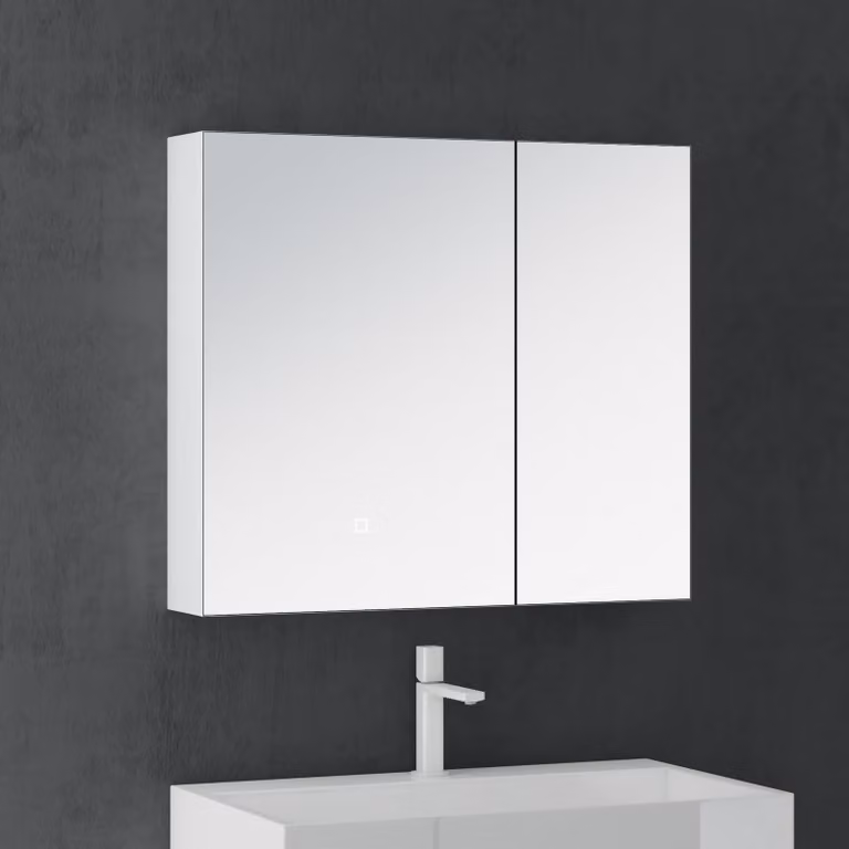 doporro Armadietto da Bagno con Specchio e 2 Ante 80x15x70a Muro Specchio Bagno Pensile con Contenitore e Luce LED Pensile da Bagno a Parete Bianco opaco Spiegelschrank-04