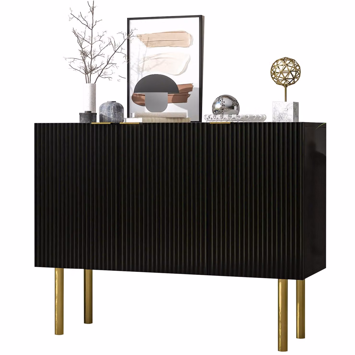 AIORBER Credenza moderna in MDF con gambe in metallo, ripiani regolabili, ampio spazio di archiviazione, 120x42x93cm - Nero