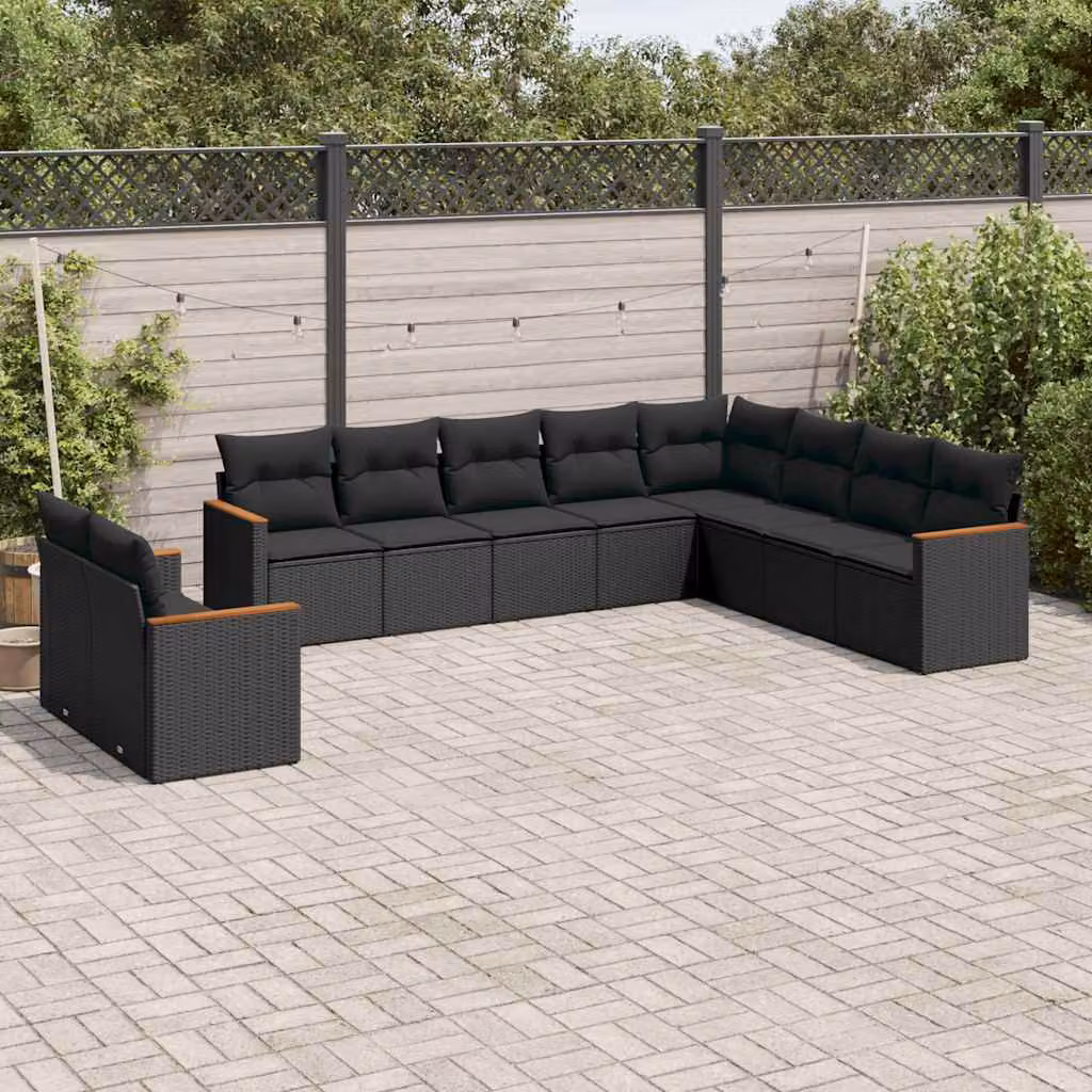 Set di Divani da Giardino vidaXL 10 Pezzi in Polyrattan Nero con Cuscini Imbottiti e Rivestimenti Rimovibili – 1