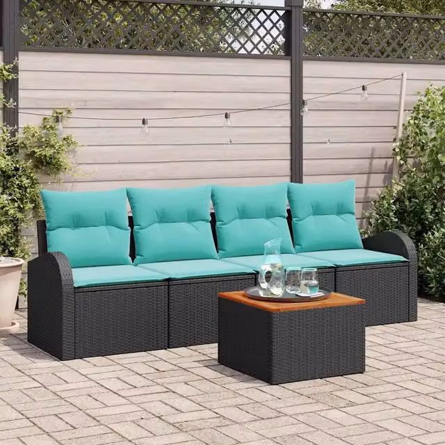 Set Divano da Giardino 5 pz Nero e Turchese polyrattan 3356184