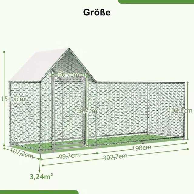 Pollaio in acciaio zincato 3 x 1 x 1,5 m con telo PE impermeabile, chiusura di sicurezza