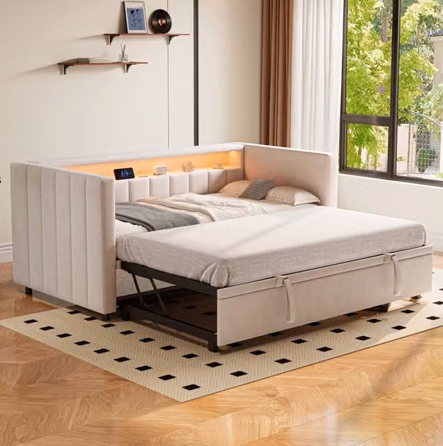 Divano letto estraibile 90x190 cm con rivestimento in velluto beige, illuminazione LED e porta USB Type-C