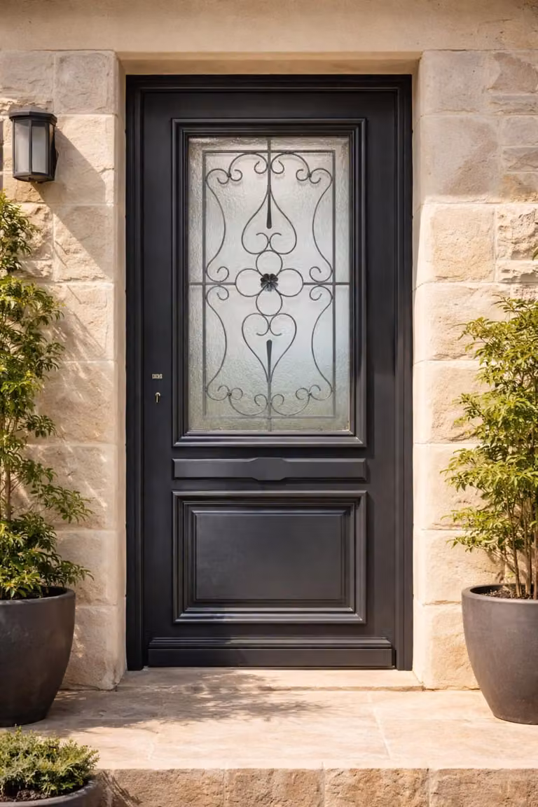 Porta d'ingresso in legno con vetrata Candice grigio antracite, H.215xL.90 cm, lato tavolo, destro, maniglia, cilindro, pulsante, GD MENUISERIES