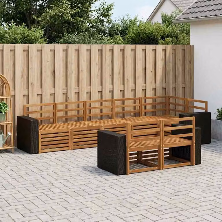 Set di divani da esterno vidaXL 8 pz in legno di acacia con cuscini bianchi e marroni in poliestere resistente ai raggi UV