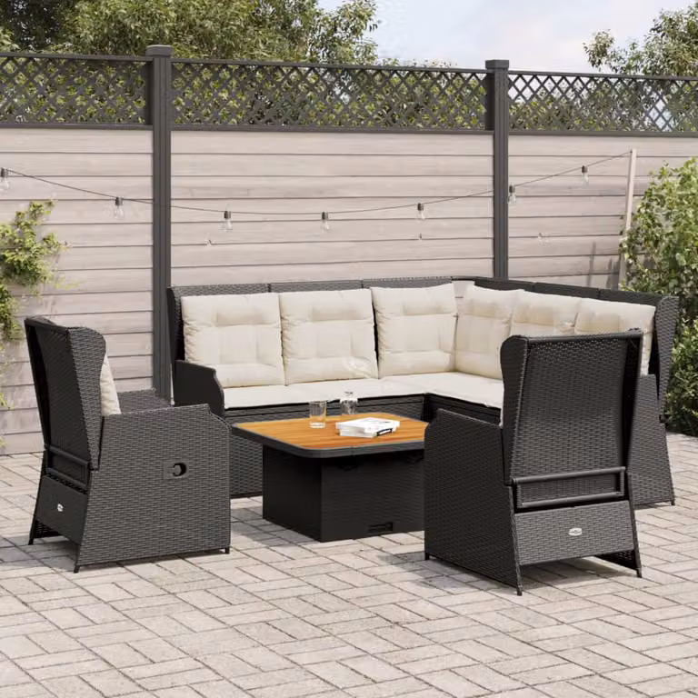 Set Mobili da Giardino vidaXL 6 pz in Polyrattan e Legno di Acacia Oliato Nero e Marrone con Cuscini
