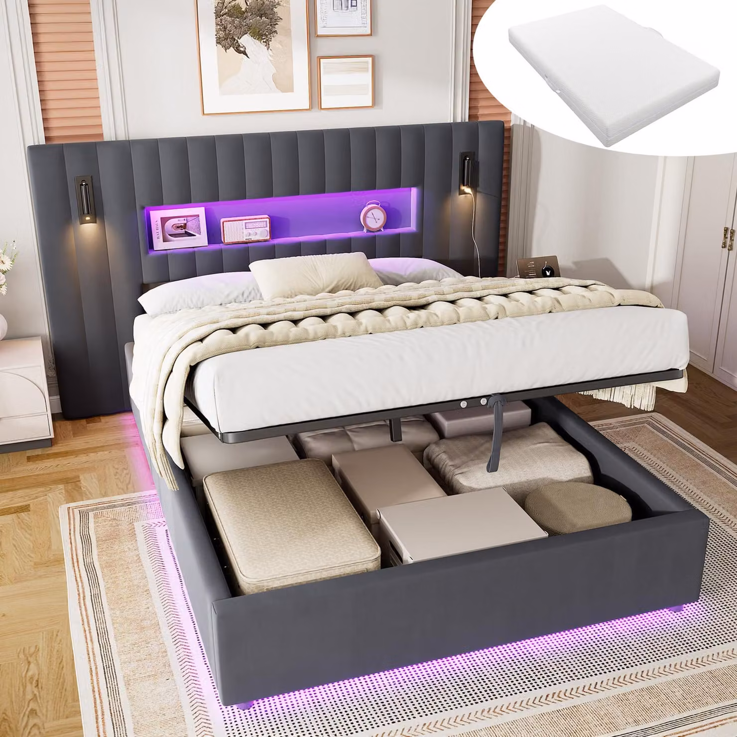 Letto a castello per giovani, 140x200 cm, con materasso, struttura imbottita in velluto con alta testiera, letto a molle con sistema idraulico, matrimoniale, con luci LED e porta USB, colore grigio