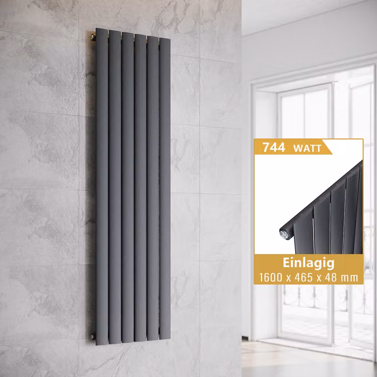 SONNI Radiatore verticale di design a pannello, monostrato, antracite, 1600×465 mm, senza resistenza