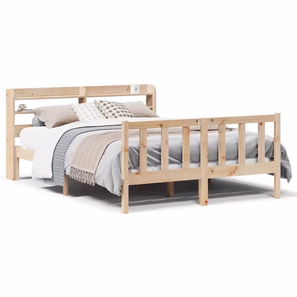 Letto in legno massello di pino vidaXL con ripiani laterali, stile rustico, colore marrone, L/P/H: 200 x 160 x 82 cm – 2