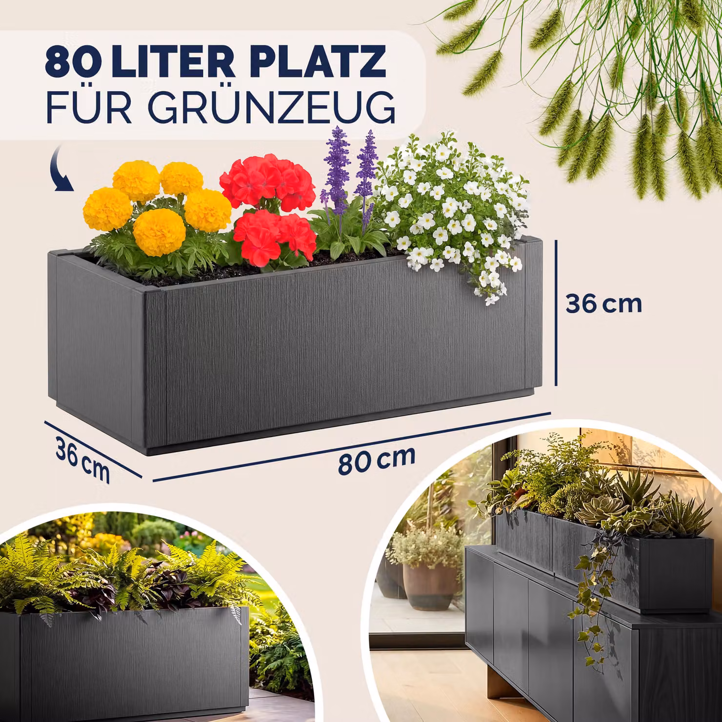 Vaso da giardino Casaria Ethica in plastica colore antracite H: 80 cm, L: 36 cm, P: 36 cm – 2