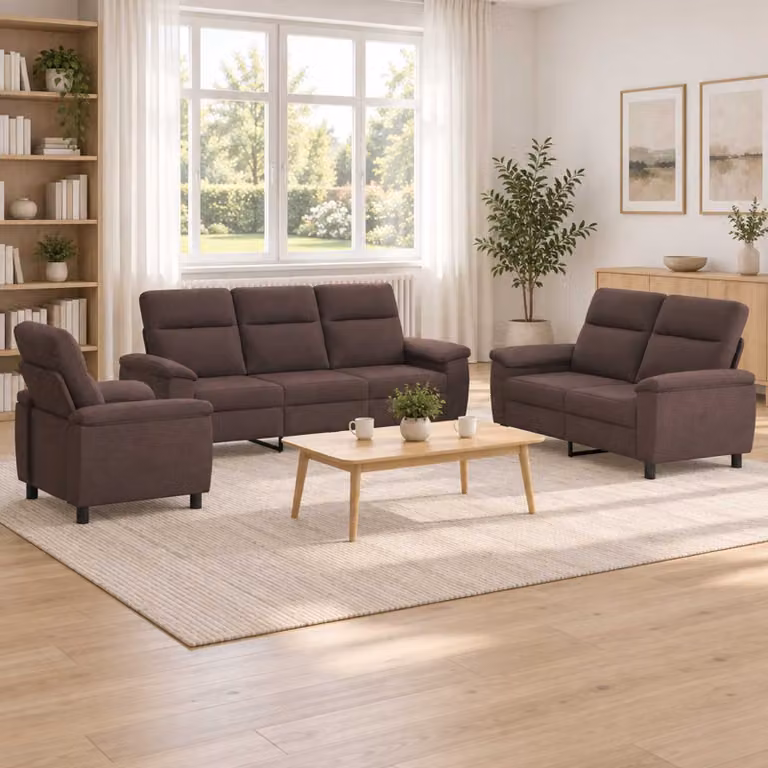 Set di divani moderno vidaXL composto da 3 pezzi in tessuto marrone scuro con struttura in metallo per il tuo soggiorno