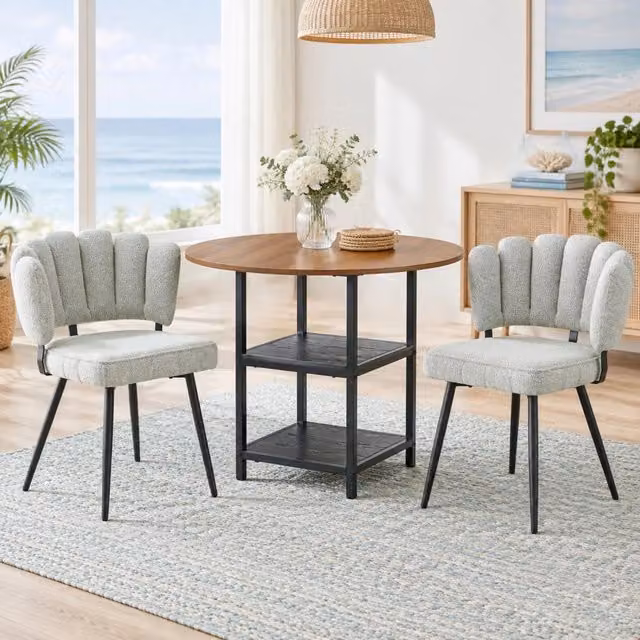 Set Tavolo da Pranzo Rotondo 107 cm in MDF Effetto Noce con Doppio Ripiano + 2 Sedie in Tessuto Bouclé Grigio Crema