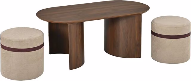 Set tavolino da salotto ovale in MDF con 2 pouf imbottiti in legno di pino color noce