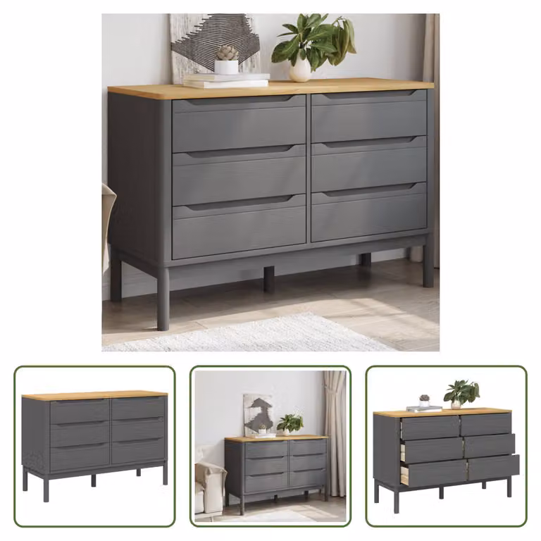The Living Store Cassettiera FLORO Grey in pino massello