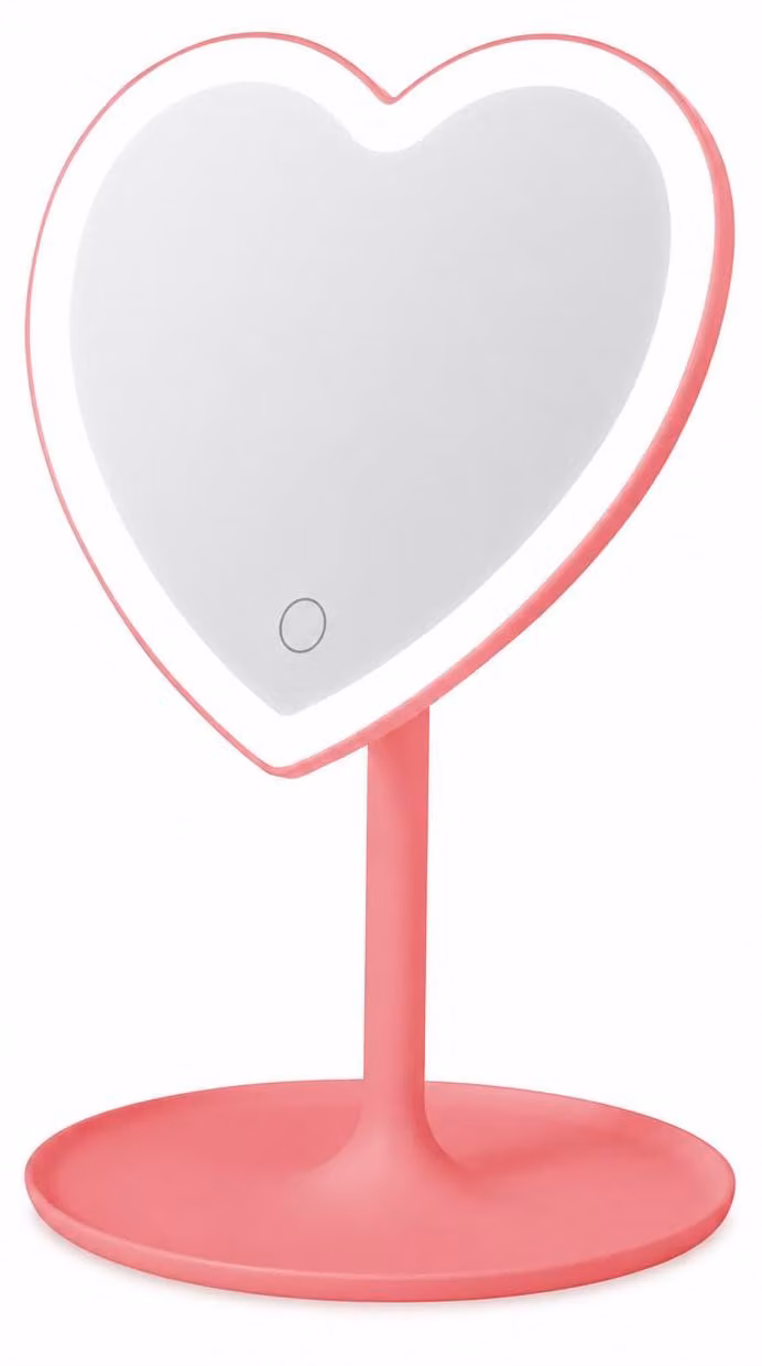 Specchio da trucco a LED, forma a cuore, rosa, con dimmer touch e rotazione a 360°