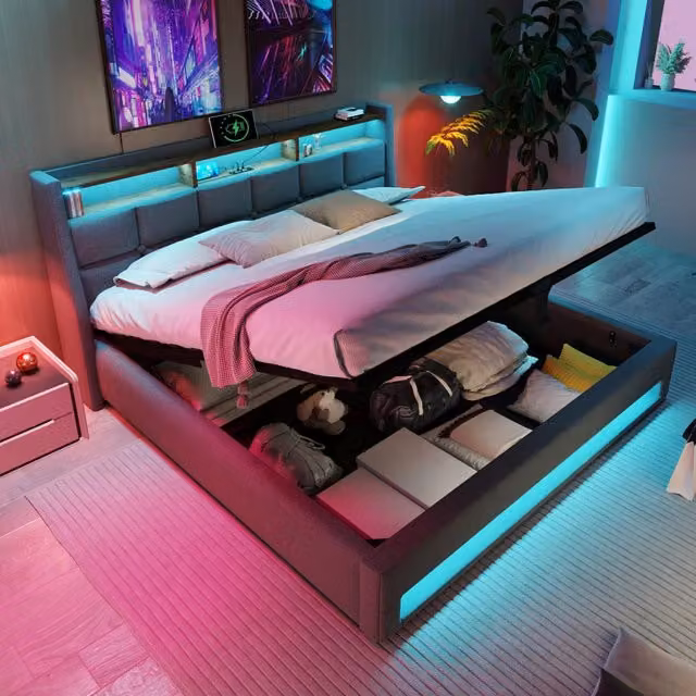 Letto contenitore 160 × 200 cm con LED e USB testiera imbottita rivestito in lino grigio