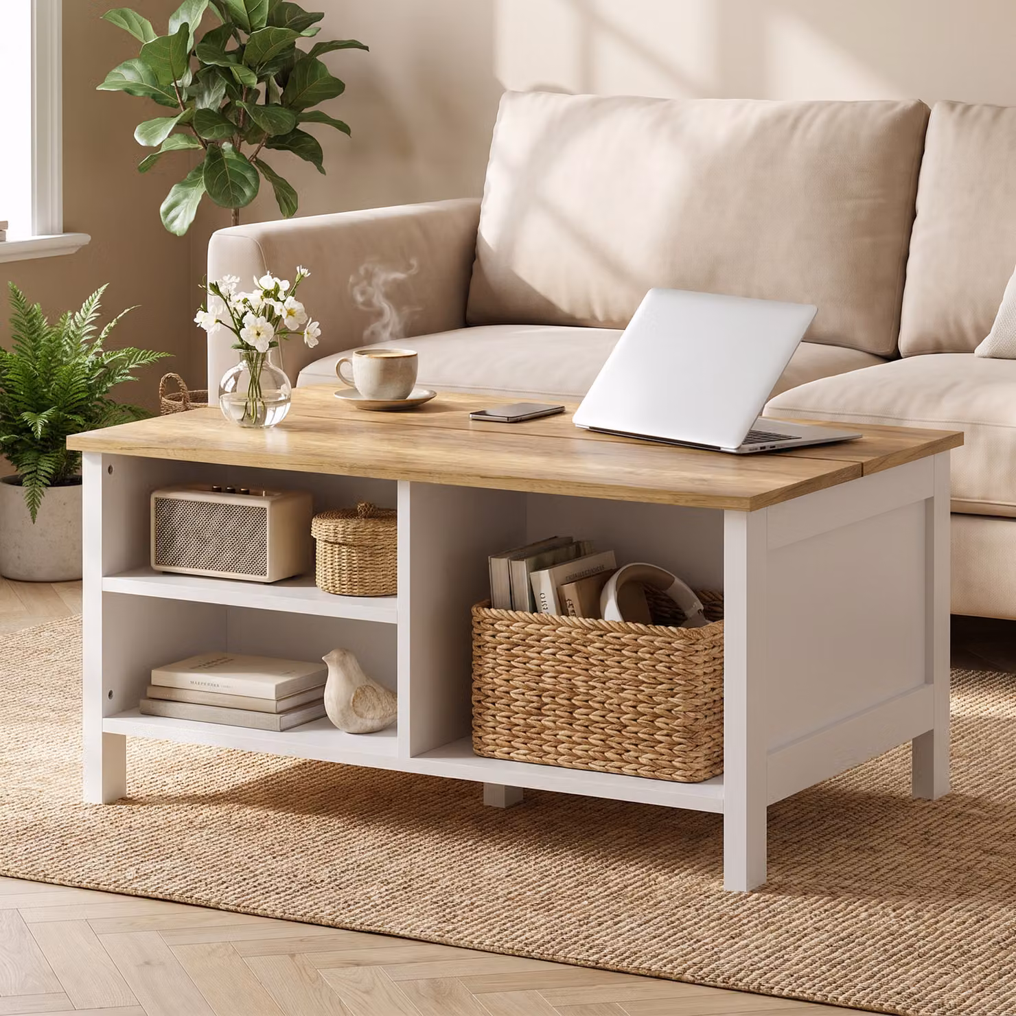 Cassapanca Contenitore HOMCOM con Coperchio Sollevabile in Effetto Legno Naturale L: 80 cm, P: 60 cm, H: 40 cm – 2