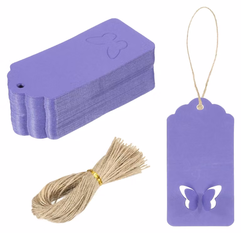 100 etichette regalo in carta kraft, 9x4 cm, color viola, con cordoncino