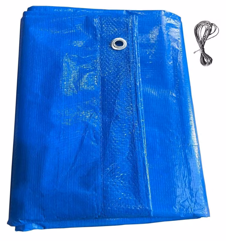 Telo in tessuto blu, dimensioni 3m x 6m (18m²), peso 140g/m², impermeabile e con occhielli