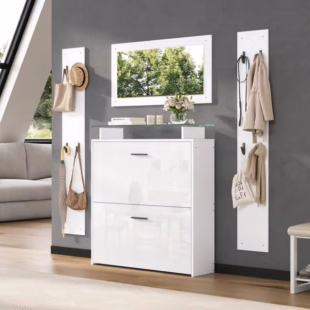 Mobili da ingresso OKWISH con specchio, scarpiera a 2 ripiani ribaltabili e 8 ganci, bianco lucido, L/P/H: 89,5 x 23 x 96,5 cm