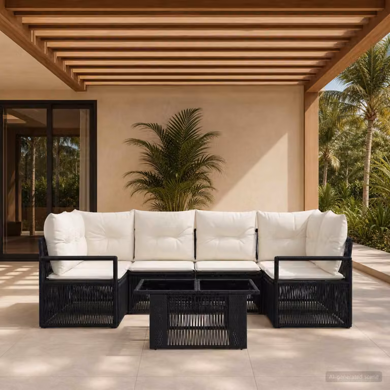 Set Divano da Giardino vidaXL 7 Pezzi in Polyrattan Nero e Bianco Crema con Cuscini e Tavolino da Esterno