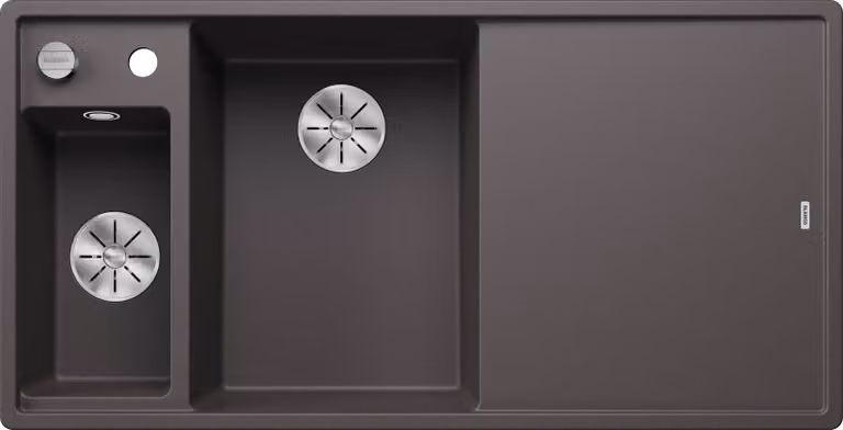 BLANCO AXIA III 6 S, SILGRANIT® PuraDur®, grigio roccia, ciotola a sinistra, con tagliere in legno