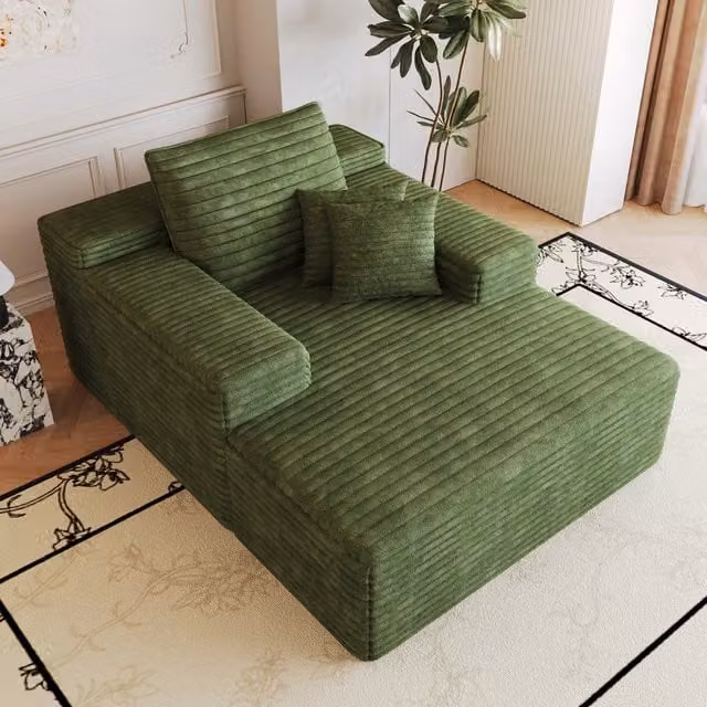Divano Chaise Longue REDOM in tessuto a coste verde con orientamento a sinistra L/P/H: 159 x 115 cm