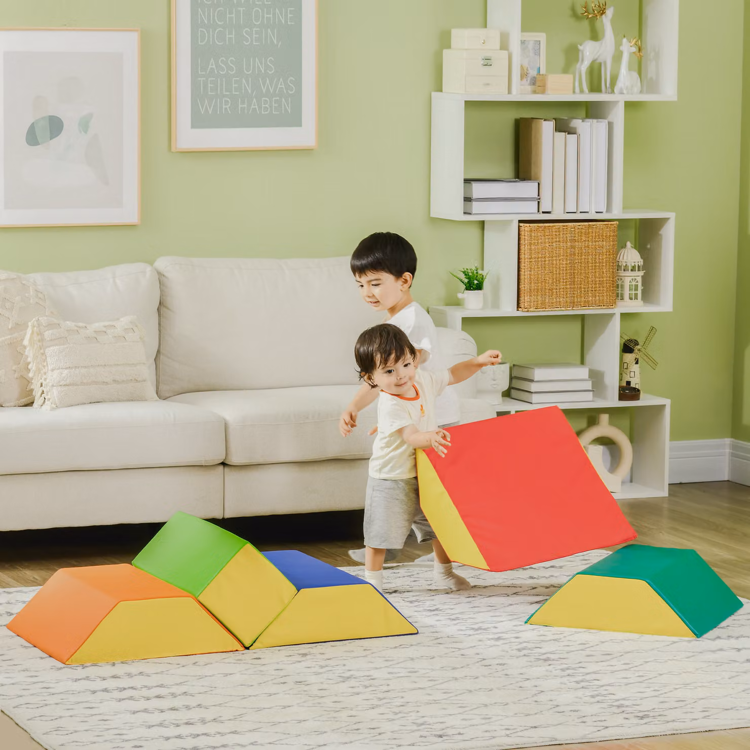 Set di costruzioni morbide HOMCOM per bambini con 5 blocchi in schiuma (rettangoli e trapezi), Multicolore, L/P/H: 48.3 x 19.1 x 48.3 cm – 2