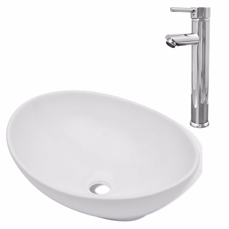 Lavello Bagno con Miscelatore in Vetroceramica Ovale Bianco