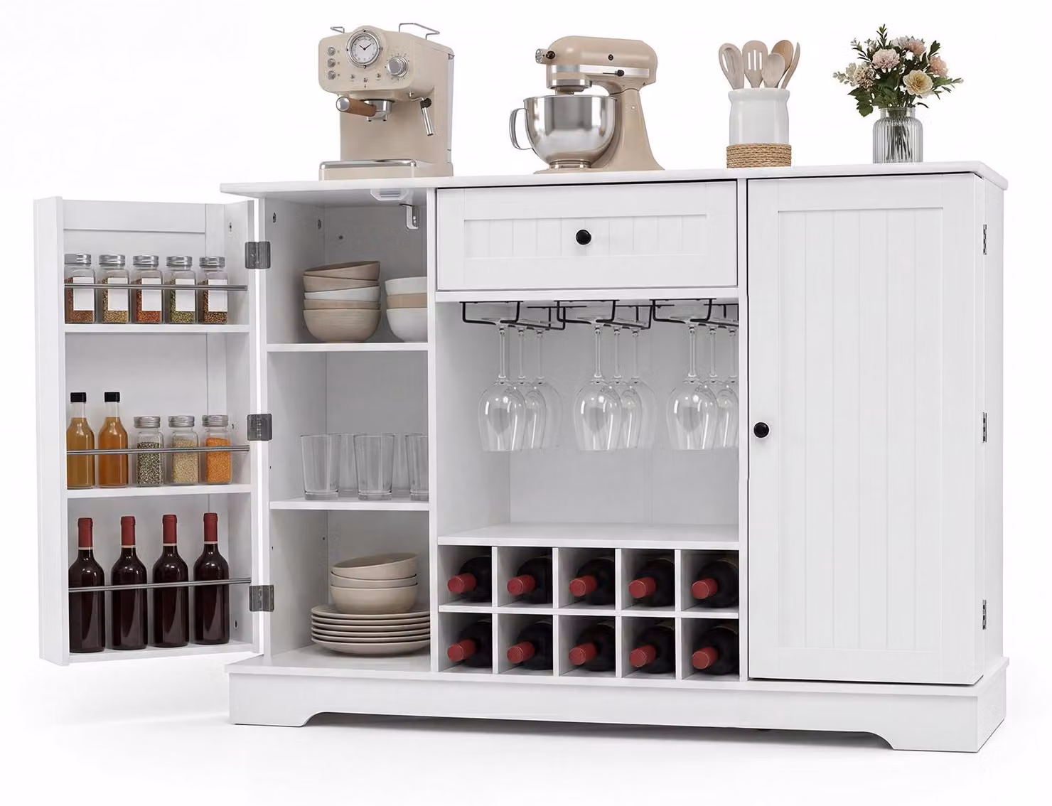 Mobiletto laterale COSTWAY con ripiano per bottiglie di vino e portabicchieri, dimensioni 120 x 40 x 83 cm, mobiletto da cucina in legno composito con cassetto, vano aperto e ripiani interni