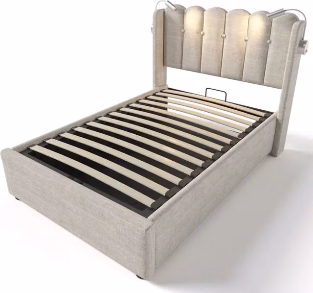 Letto singolo imbottito 90x200 cm con testiera, luce da lettura e funzione di ricarica USB, struttura in lino naturale con contenitore