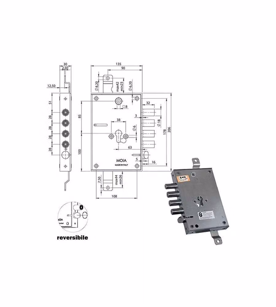 Serratura Sicura Triplice Sx Cilindro E63 Rmef664/280 Moia