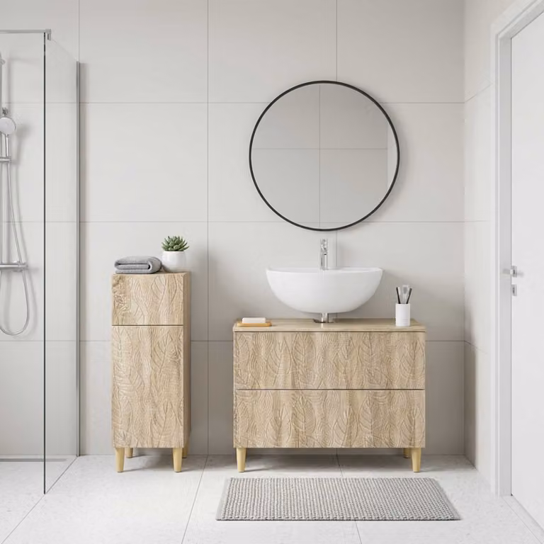 Set di mobili da bagno moderno vidaXL DELFT composto da mobile lavabo e mobile contenitore, colore Rovere Sonoma, L/P/H: 82 x 34,7 x 59 cm e 41 x 59 x 82 cm