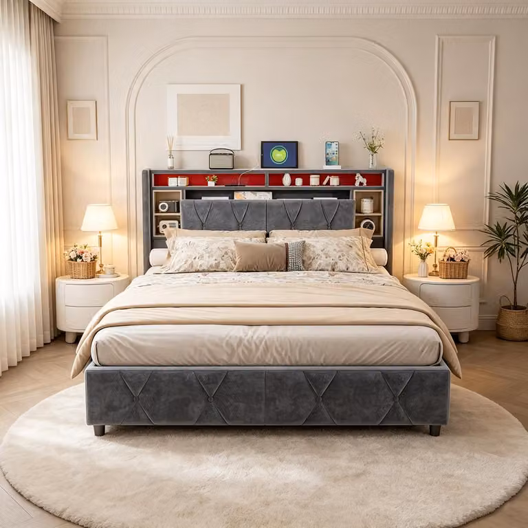 Letto matrimoniale con rete a molle INONEFT, dimensioni 160x200, con funzione di ricarica (USB e Type-C), letto imbottito per ragazzi con LED, letto matrimoniale con sistema di sollevamento idraulico, letto contenitore, rivestito in velluto, colore grigio