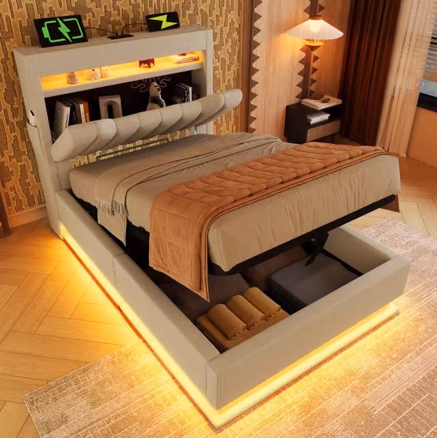 Letto singolo imbottito ULEVR 90x200 cm con materasso, contenitore idraulico, LED, USB e Type-C, lino beige