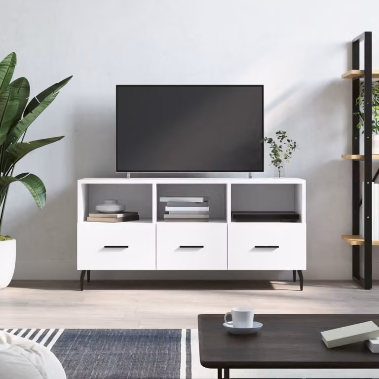 vidaXL Mobile Porta TV Bianco in Legno Multistrato e Metallo L: 102 cm, P: 36 cm, H: 50 cm