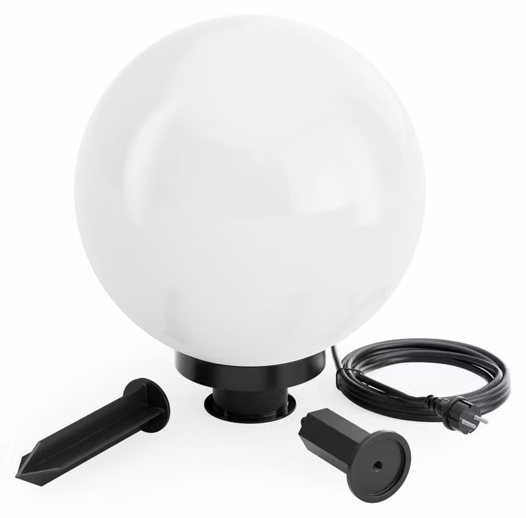 Lampada da esterno a forma di sfera, diametro 30 cm, grado di protezione IP44, attacco E27, con picchetto da terra, cavo di 5 metri