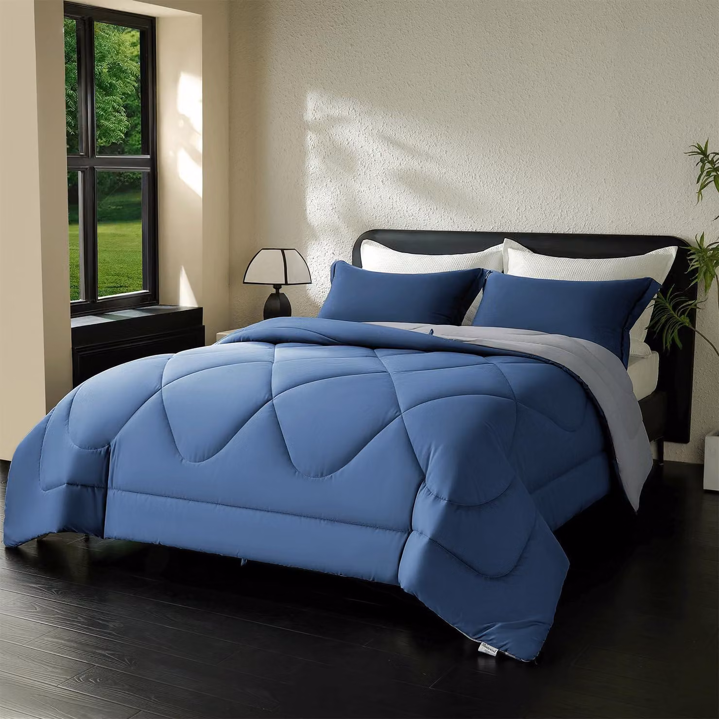Copertura per letto senza federa, dimensioni 240 x 260 cm, peso 300 g/m², colore blu scuro e grigio chiaro, ideale per il riposo