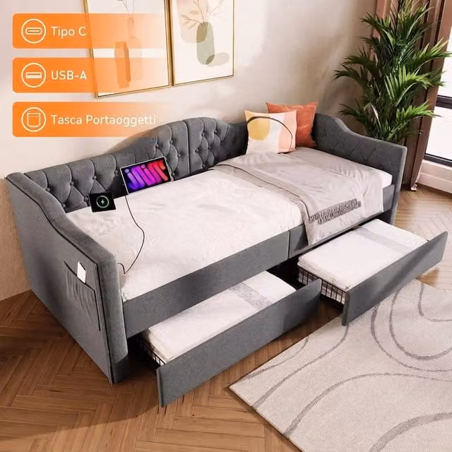 Divano Letto Singolo Vovees Living in Lino Grigio con 2 Cassetti e Porte di Ricarica USB/Type-C, L/P/H: 200 x 90 x 86.5 cm – 1